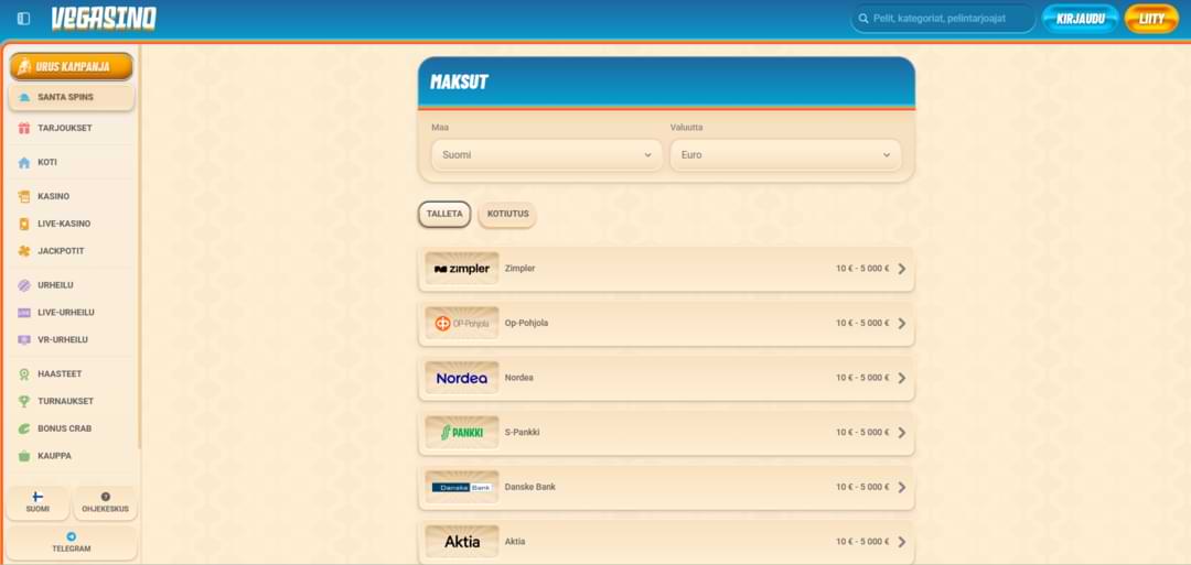 Maksutavat Vegasino Casinolla